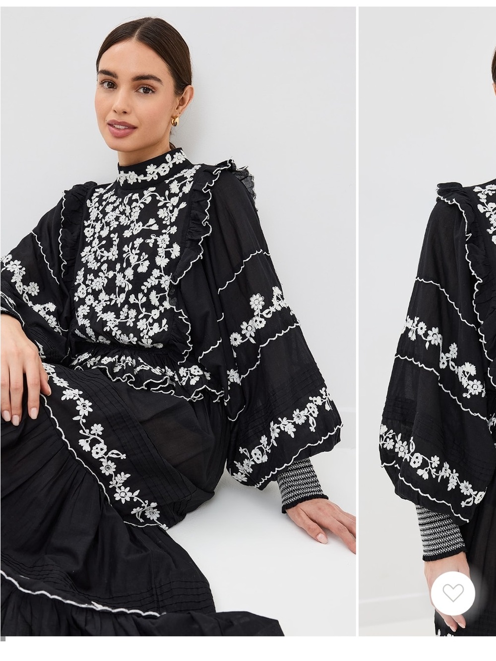Farm Rio Inspired Black Embroidered Ruffle Longe Sleeve Blouse